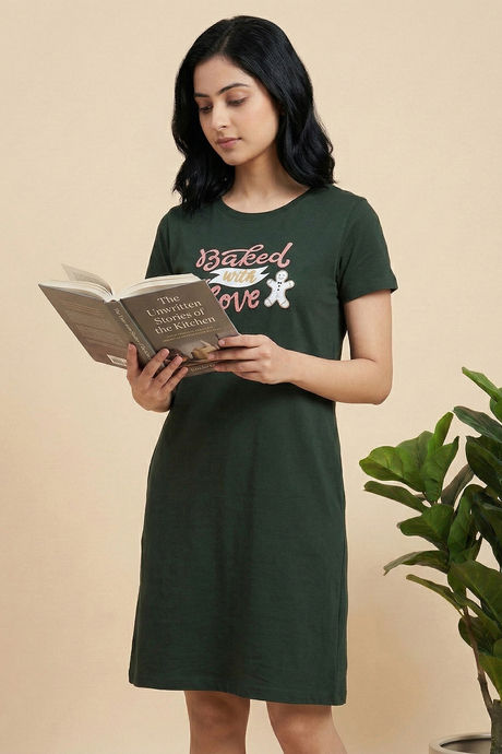 Zivame Farm Lore Knit Cotton Knee Length Nightdress - Pine Grove — image 5
